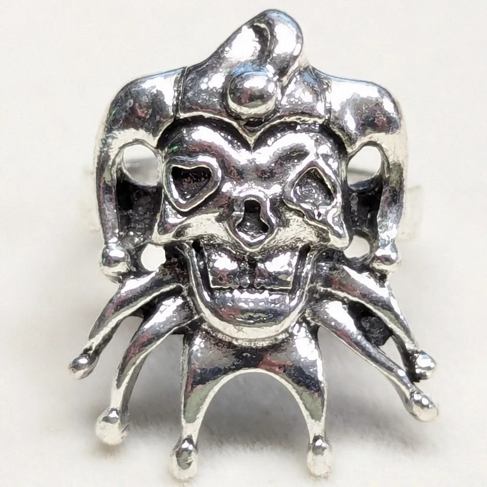 New Joker Jester Skull Hearts Ring Size 6.5 Silver Tone Gothic Biker Dual 2 Face